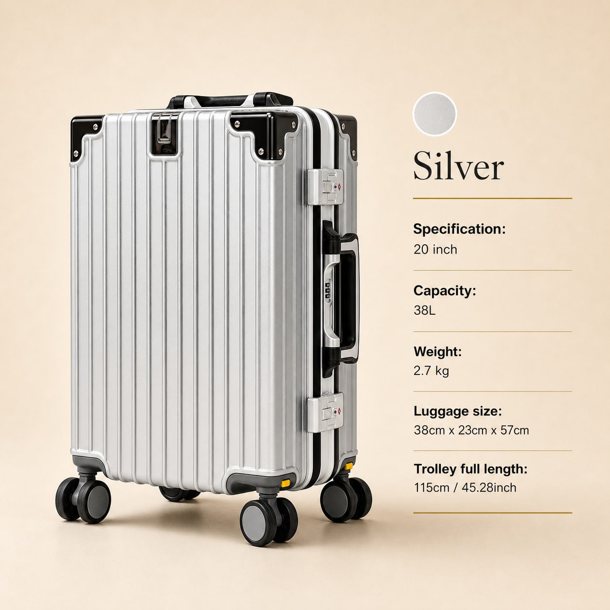 Aluminum Frame Carry On Luggage - حقيبة سفر بحجم 20 بوصة، معتمدة